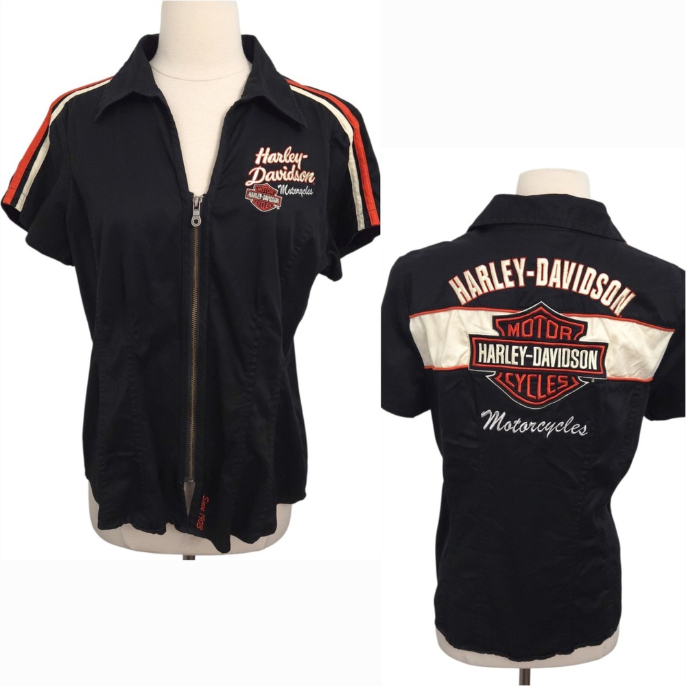 Harley Davidson Motorcycle Black Orange Short Sleeve Garage Zip Top- Women L